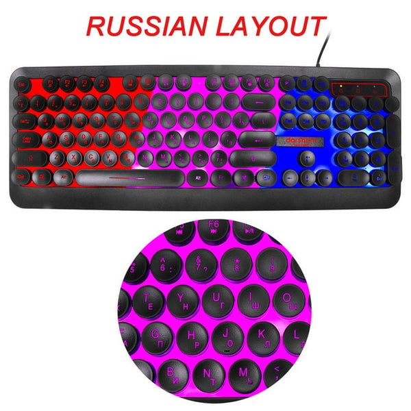 Backlight Russian English Keyboard Retro Round Glowing Keycap Gaming Keyboard